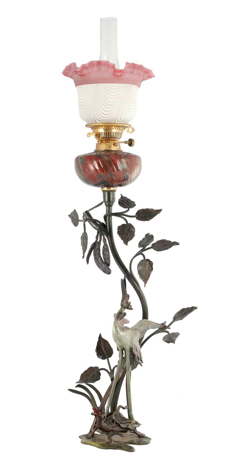 Lot 780 - AN UNUSUAL COLD PAINTED BRONZE OIL LAMP