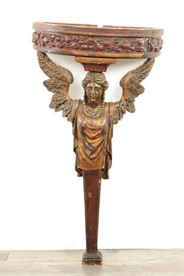 Lot 1727 - AN 18TH CENTURY CARVED GILT WOOD AND PAINTED DEMI LUNE PIER TABLE