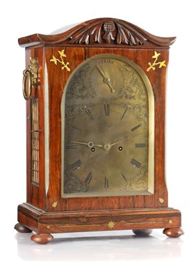 Lot 1522 - A WILLIAM IV BRASS INLAID ROSEWOOD QUARTER CHIMING BRACKET CLOCK