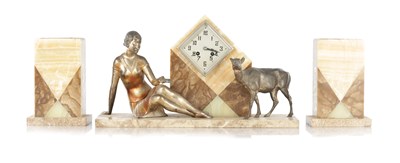 Lot 1473 - A FRENCH ART DECO FIGURAL CLOCK GARNITURE