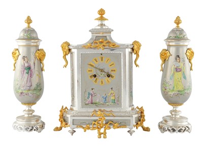 Lot 1426 - A LATE 19TH CENTURY FRENCH SILVERED AND ORMOLU PORCELAIN PANELLED CLOCK GARNITURE
