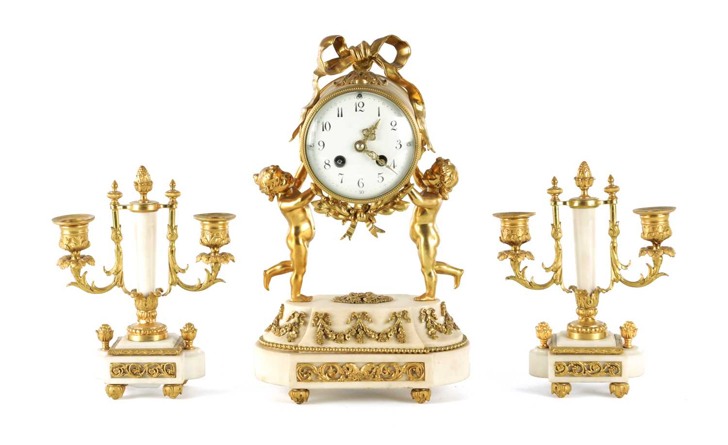 Lot 1470 - A LATE 19TH CENTURY FRENCH WHITE MARBLE AND ORMOLU CLOCK GARNITURE