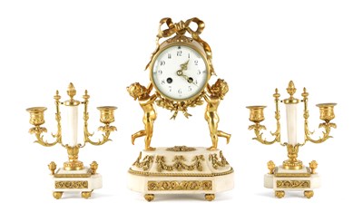 Lot 1470 - A LATE 19TH CENTURY FRENCH WHITE MARBLE AND ORMOLU CLOCK GARNITURE