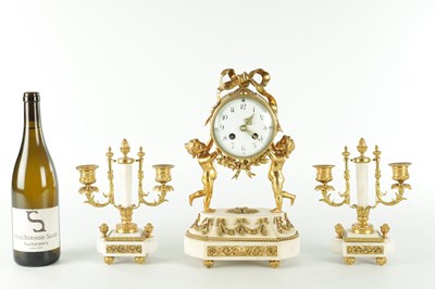 Lot 1470 - A LATE 19TH CENTURY FRENCH WHITE MARBLE AND ORMOLU CLOCK GARNITURE