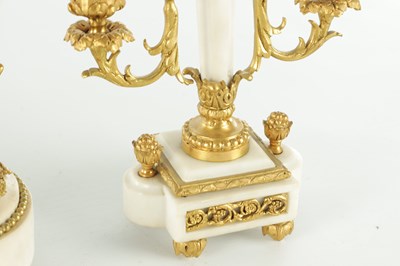 Lot 1470 - A LATE 19TH CENTURY FRENCH WHITE MARBLE AND ORMOLU CLOCK GARNITURE