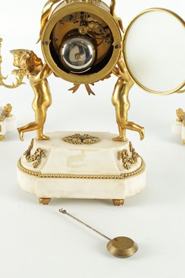 Lot 1470 - A LATE 19TH CENTURY FRENCH WHITE MARBLE AND ORMOLU CLOCK GARNITURE
