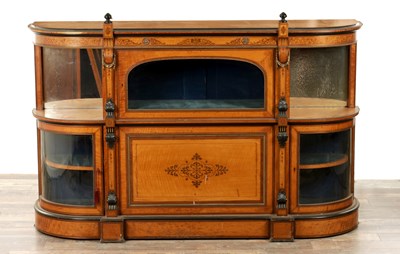 Lot 1645 - A VICTORIAN INLAID FIGURED SATINWOOD SIDE CABINET IN THE MANNER OF CHRISTOPHER DRESSER