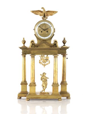 Lot 1398 - AN EARLY 19TH CENTURY AUSTRIAN AUTOMATON PORTICO MANTEL CLOCK