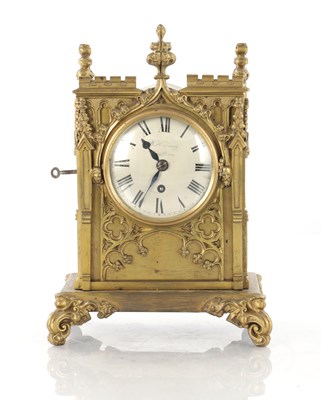 Lot 1560 - W.H. YOUNG, SWAFFHAM. A MID 19TH GILT BRONZE GOTHIC CASED SINGLE FUSEE CLOCK
