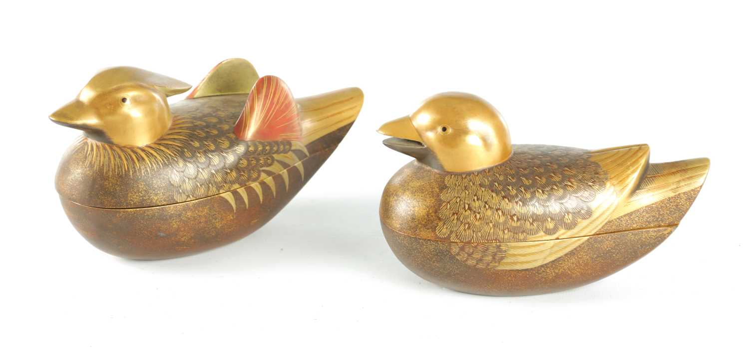 Lot 617 - A PAIR OF JAPANESE MEIJI PERIOD LACQUER WORK LIDDED POTS FORMED AS DUCKS
