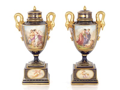 Lot 88 - A PAIR OF 19TH CENTURY VIENNA PORCELAIN VASE AND COVERS