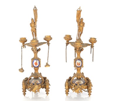 Lot 758 - A PAIR OF 19TH CENTURY ORMOLU AND SEVRES STYLE PANELLED FIGURAL CANDLESTICKS