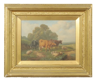 Lot 1194 - ATT. THOMAS SIDNEY COOPER (1803 - 1902). A 19TH CENTURY OIL ON BOARD CATTLE AND SHEEP LANDSCAPE