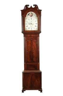 Lot 1372 - BENJAMIN PEERS, CHESTER. A LATE GEORGE III FLAMED MAHOGANY PAINTED DIAL MOONROLLER EIGHT-DAY LONGCASE CLOCK