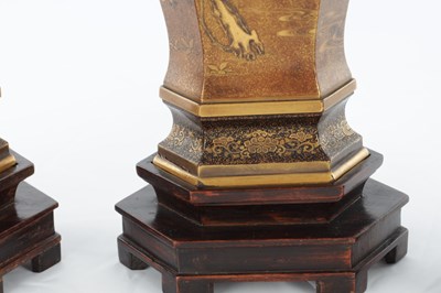 Lot A FINE PAIR OF JAPANESE MEIJI PERIOD GOLD LACQUERWORK CABINET VASES ON HARDWOOD STANDS