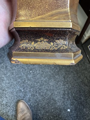 Lot A FINE PAIR OF JAPANESE MEIJI PERIOD GOLD LACQUERWORK CABINET VASES ON HARDWOOD STANDS