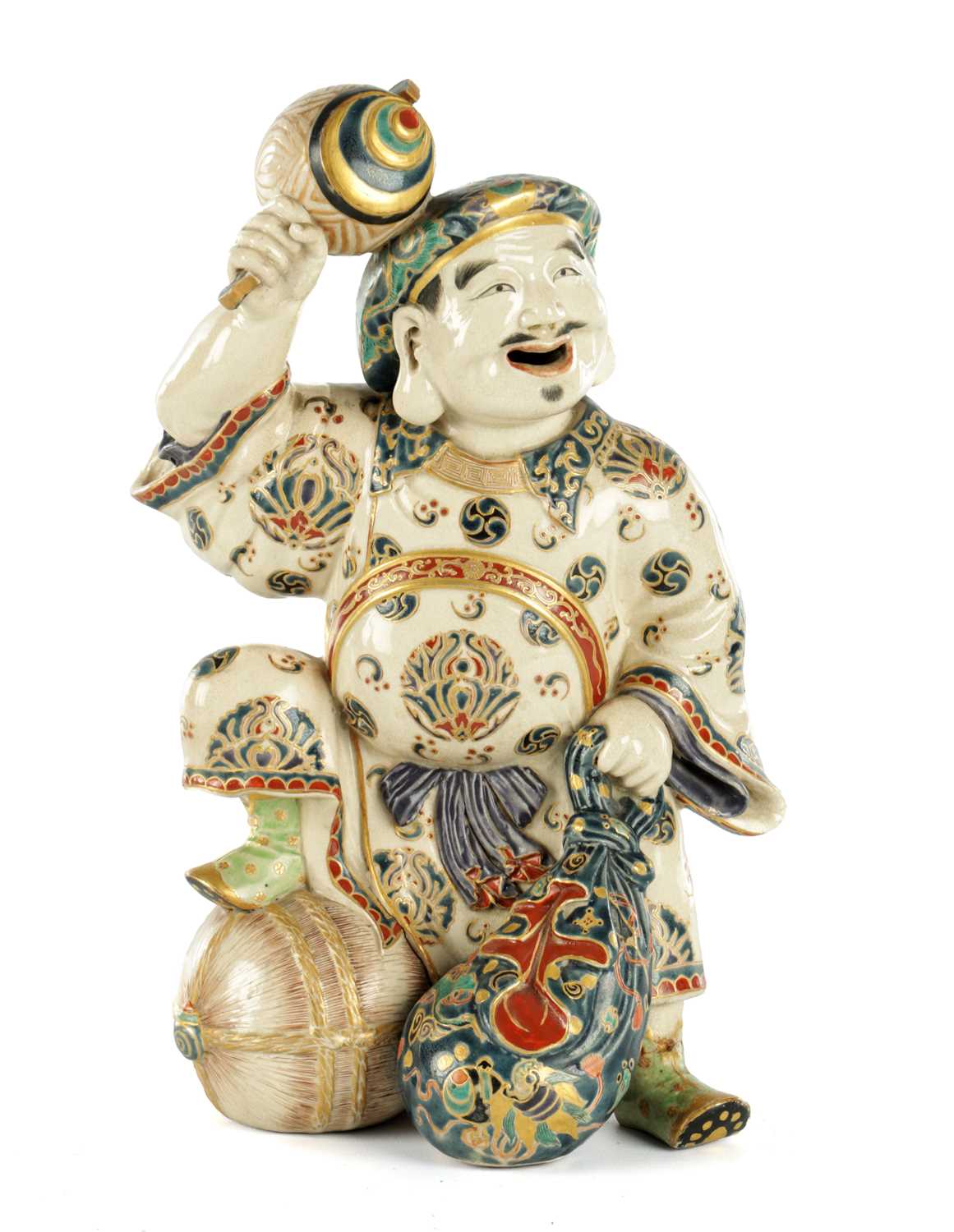 Lot 673 - A JAPANESE MEIJI PERIOD SATSUMA FIGURE OF THE LUCKY GOD DAIKOKU