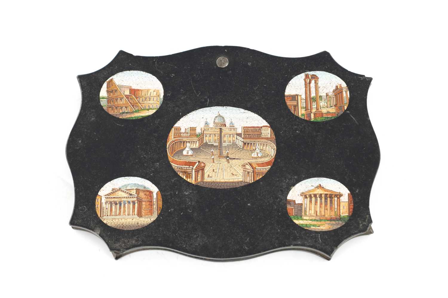 Lot 851 - A 19TH CENTURY ITALIAN GRAND TOUR MICRO MOSAIC HANGING PLAQUE / PAPERWEIGHT