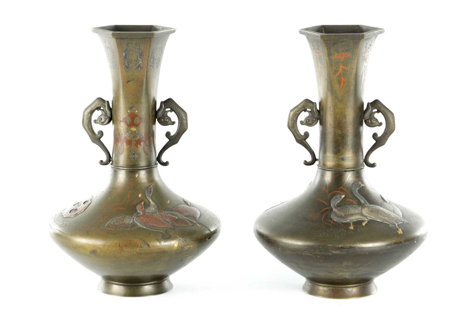 Lot 564 - A MATCHED PAIR OF JAPANESE MEIJI PERIOD BRONZE AND MIXED METAL VASES