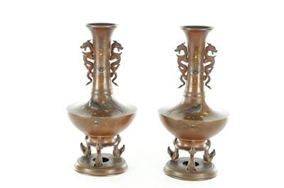 Lot 589 - A FINE PAIR OF JAPANESE MEIJI PERIOD BRONZE AND MIXED METAL FOOTED VASES