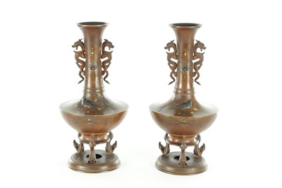 Lot 589 - A FINE PAIR OF JAPANESE MEIJI PERIOD BRONZE AND MIXED METAL FOOTED VASES