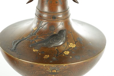 Lot 589 - A FINE PAIR OF JAPANESE MEIJI PERIOD BRONZE AND MIXED METAL FOOTED VASES