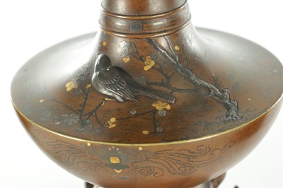 Lot 589 - A FINE PAIR OF JAPANESE MEIJI PERIOD BRONZE AND MIXED METAL FOOTED VASES