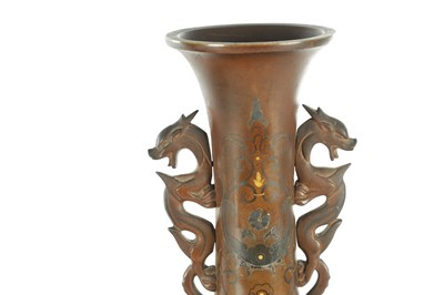 Lot 589 - A FINE PAIR OF JAPANESE MEIJI PERIOD BRONZE AND MIXED METAL FOOTED VASES