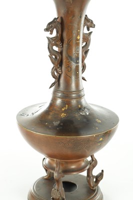 Lot 589 - A FINE PAIR OF JAPANESE MEIJI PERIOD BRONZE AND MIXED METAL FOOTED VASES