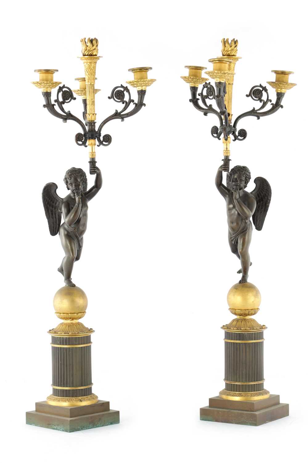 Lot 932 - A PAIR OF 19TH CENTURY FRENCH BRONZE AND GILT BRONZE FOUR BRANCH FIGURAL CANDELABRA