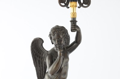 Lot 932 - A PAIR OF 19TH CENTURY FRENCH BRONZE AND GILT BRONZE FOUR BRANCH FIGURAL CANDELABRA