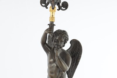 Lot 932 - A PAIR OF 19TH CENTURY FRENCH BRONZE AND GILT BRONZE FOUR BRANCH FIGURAL CANDELABRA