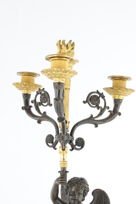 Lot 932 - A PAIR OF 19TH CENTURY FRENCH BRONZE AND GILT BRONZE FOUR BRANCH FIGURAL CANDELABRA