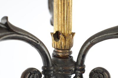 Lot 932 - A PAIR OF 19TH CENTURY FRENCH BRONZE AND GILT BRONZE FOUR BRANCH FIGURAL CANDELABRA