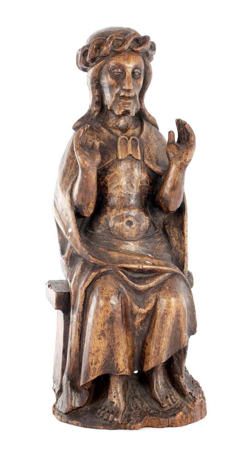 977 - A 15TH CENTURY CARVED FRUITWOOD FIGURE OF CHRIST
