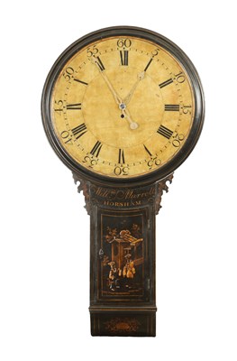 Lot 1476 - WILLIAM MURRELL, HORSHAM. A LATE 18TH CENTURY BLACK JAPANNED TAVERN CLOCK
