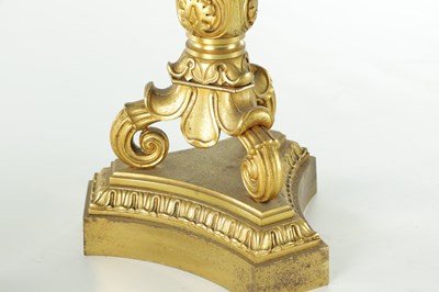 Lot 911 - A PAIR OF 19TH CENTURY REGENCY STYLE BRONZE AND GILT BRONZE THREE BRANCH CANDELARBRA