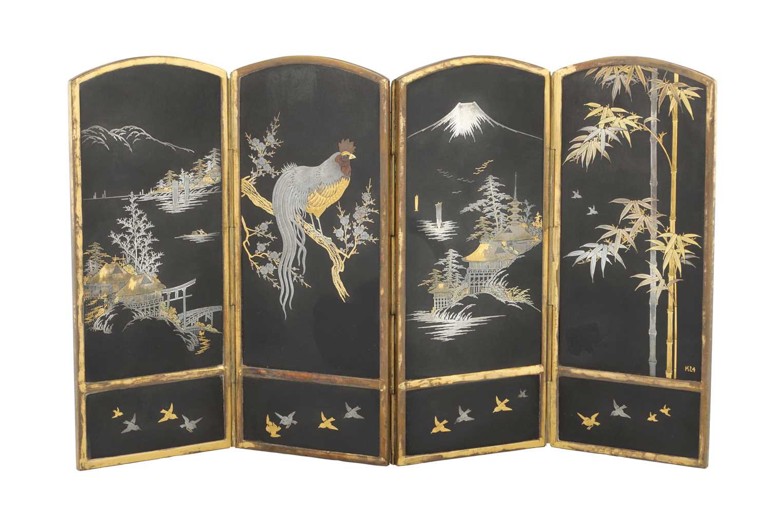 Lot 574 - A JAPANESE MEIJI PERIOD MINIATURE MIXED METAL SHAKUDO TABLE SCREEN
