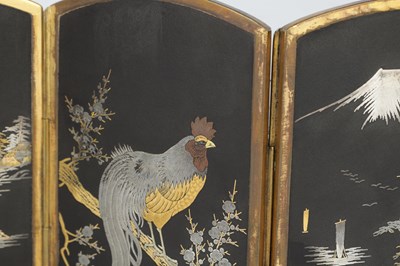 Lot 574 - A JAPANESE MEIJI PERIOD MINIATURE MIXED METAL SHAKUDO TABLE SCREEN
