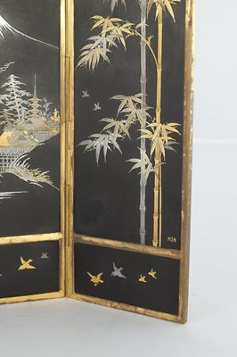 Lot 574 - A JAPANESE MEIJI PERIOD MINIATURE MIXED METAL SHAKUDO TABLE SCREEN