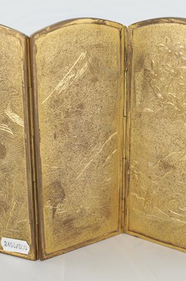 Lot 574 - A JAPANESE MEIJI PERIOD MINIATURE MIXED METAL SHAKUDO TABLE SCREEN