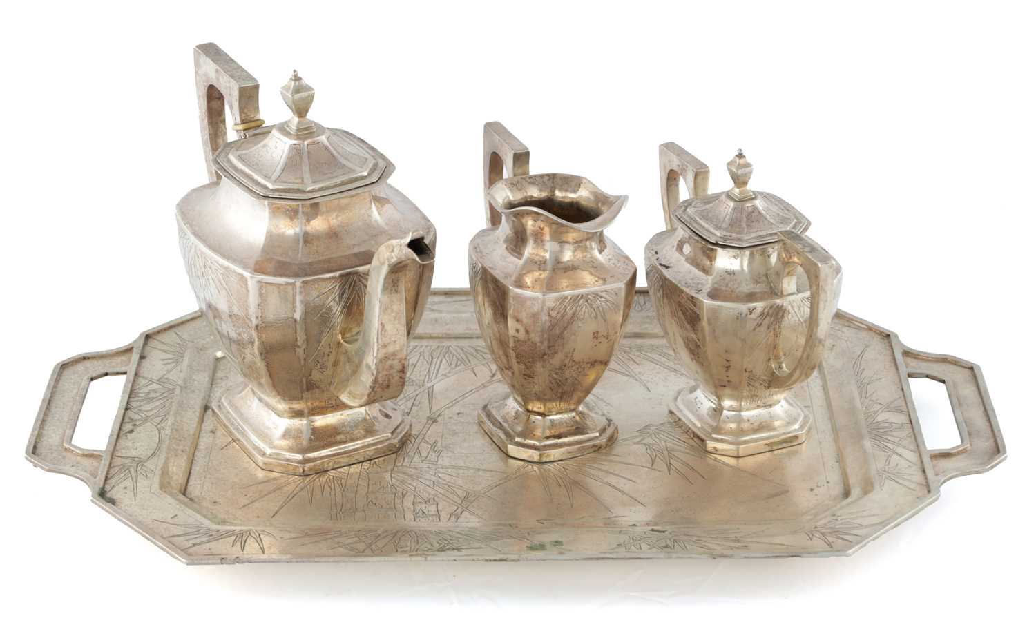 Lot 675 - A CHINESE SILVER FOUR PIECE TEA SERVICE