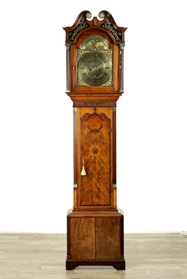 Lot 1357 - JACOB NICHOLSON, WHITEHAVEN. A GEORGE III FIGURED MAHOGANY TIDAL LONGCASE CLOCK