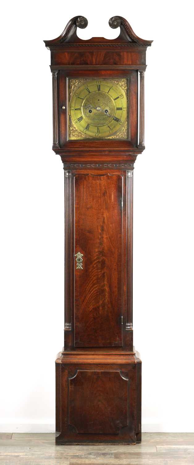 Lot 259 - HARIMAN, WORKINGTON. A GEORGE III FIGURED MAHOGANY LONGCASE CLOCK