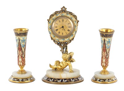 Lot 1458 - A LATE 19TH CENTURY FRENCH ORMOLU AND CHAMPLEVE ENAMEL CLOCK GARNITURE