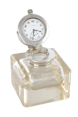 Lot 228 - HARDY BROTHERS, LONDON. AN EDWARDIAN GLASS INKWELL WITH SILVER TOPPED POCKET WATCH HOLDER AND ORIGINAL WATCH