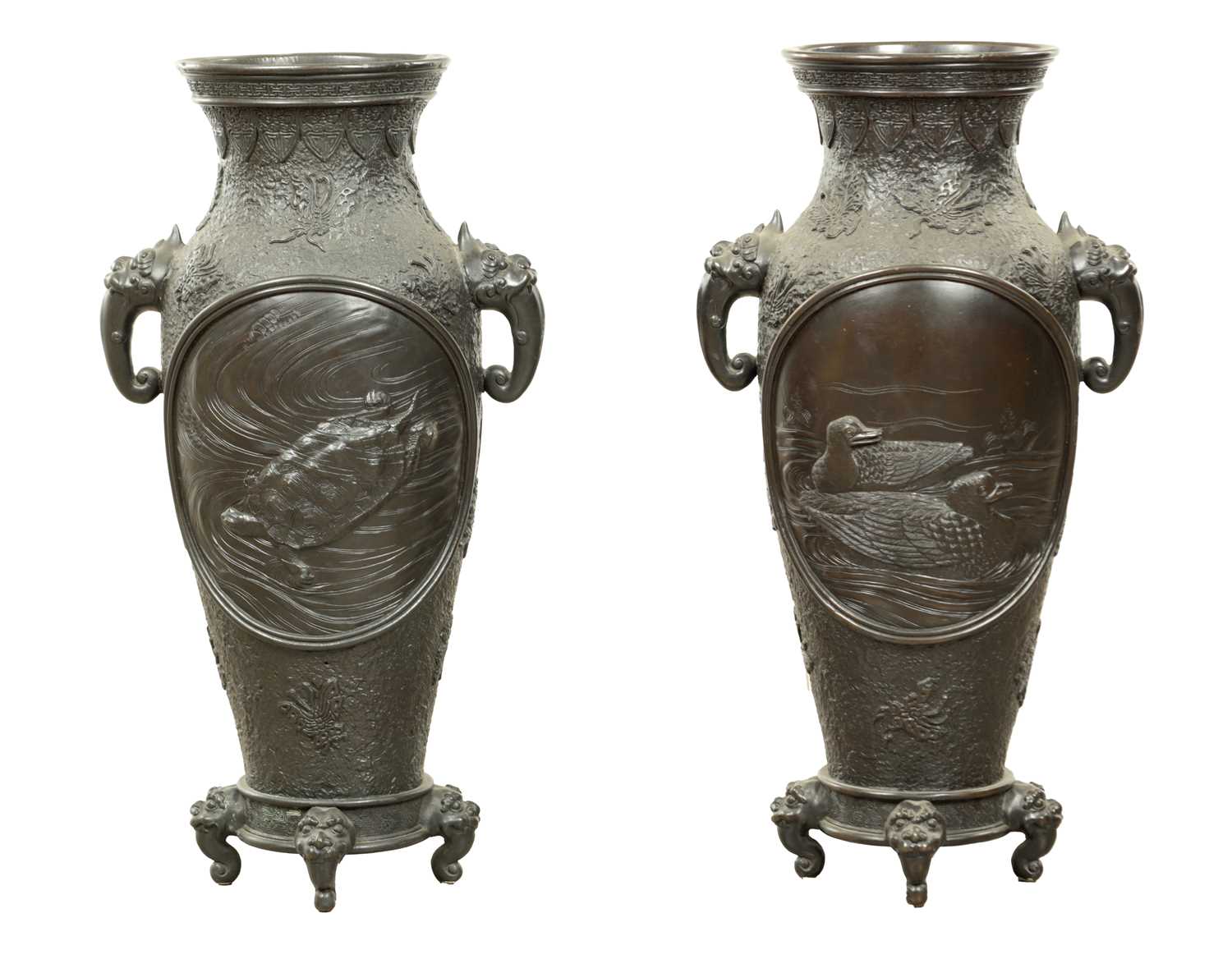 Lot 513 - A LARGE PAIR OF JAPANESE MEIJI PERIOD BRONZE VASES
