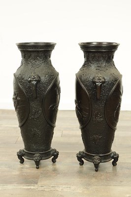 Lot 513 - A LARGE PAIR OF JAPANESE MEIJI PERIOD BRONZE VASES
