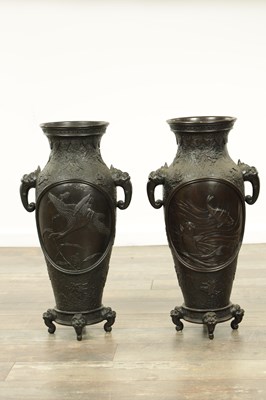Lot 513 - A LARGE PAIR OF JAPANESE MEIJI PERIOD BRONZE VASES