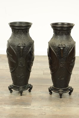 Lot 513 - A LARGE PAIR OF JAPANESE MEIJI PERIOD BRONZE VASES